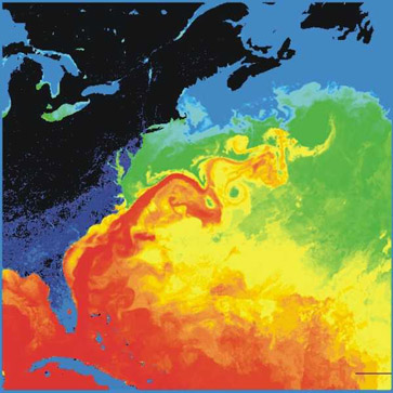 Map showing how air temperature is influenced by ocean water.
