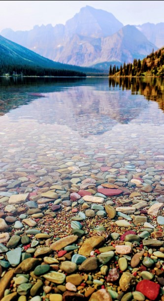 Colorful rocks under crystal clear waters of Lake McDonald