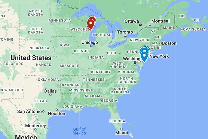 Egg Harbor, New Jersey in Blue
 Egg Harbor Wisconsin in Red