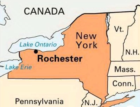 Map of NY with Rochester, NY labelled.