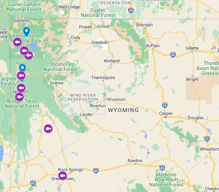 Map showing the locations of several spots to enjoy a Jackson Hole Fishing Trip