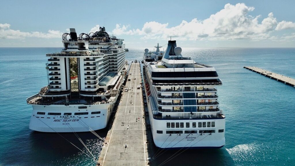 Some cruise ships dock on port and some dock on starboard side as shown here.