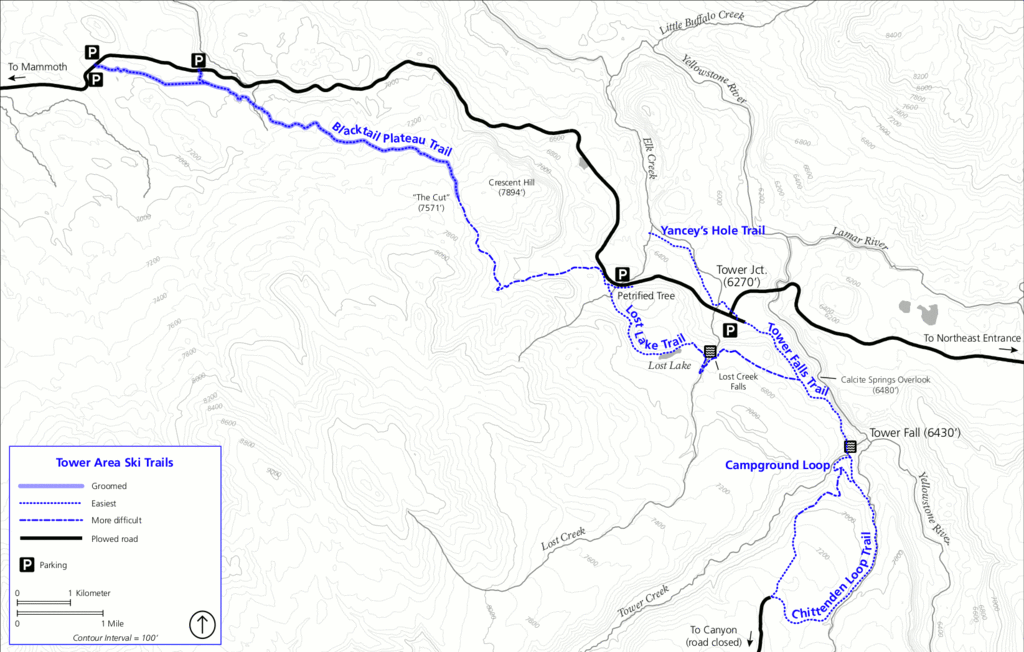 Map of ski and snowshoe trails in the Tower Area of Yellowstone National Park