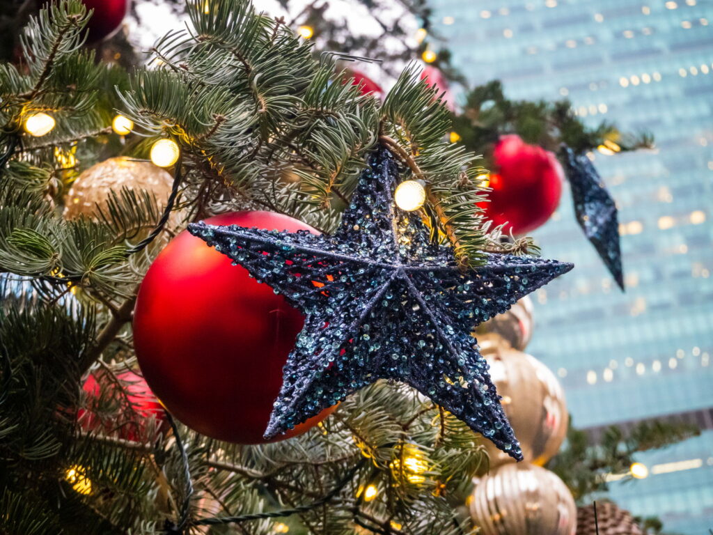 A Christmas tree with a star and ornaments