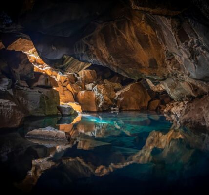 Blue pool of water in a cave