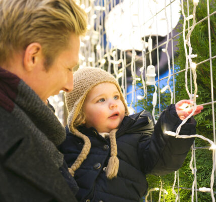 Father and daughter enjoy looking at lights while celbrating Christmas in Oaks, PA