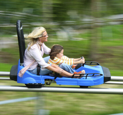 A mother and child zip down a popular mountain coaster- their hair blowing in the wind due to their speed.