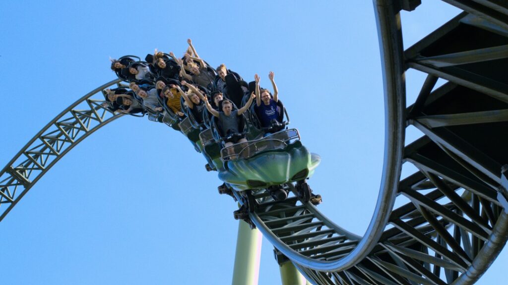 A group of riders enjoy a loop on a branson mo roller coasters