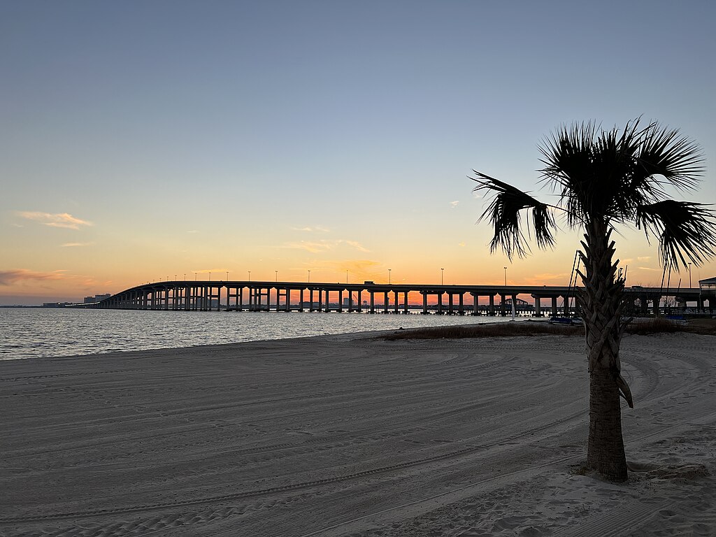 A single palm tree stands tall on the white sand beach in front of Biloxi Bay Bridge in Mississippi
