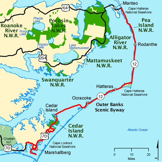 A map of the National Scenic Byway - Outer Banks (North Carolina)