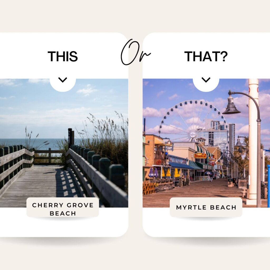 This picture gives reader the option to choose between two beaches in South Carolina - Cherry Grove Beach or Myrtle Beach. 
