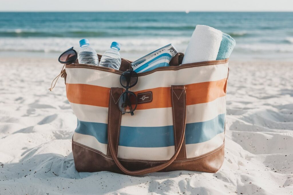 A striped blue and orange beach bag with brown leather straps sits on the white sand. Sunglasses, two water bottles and a rolled towel stick out of the top. 