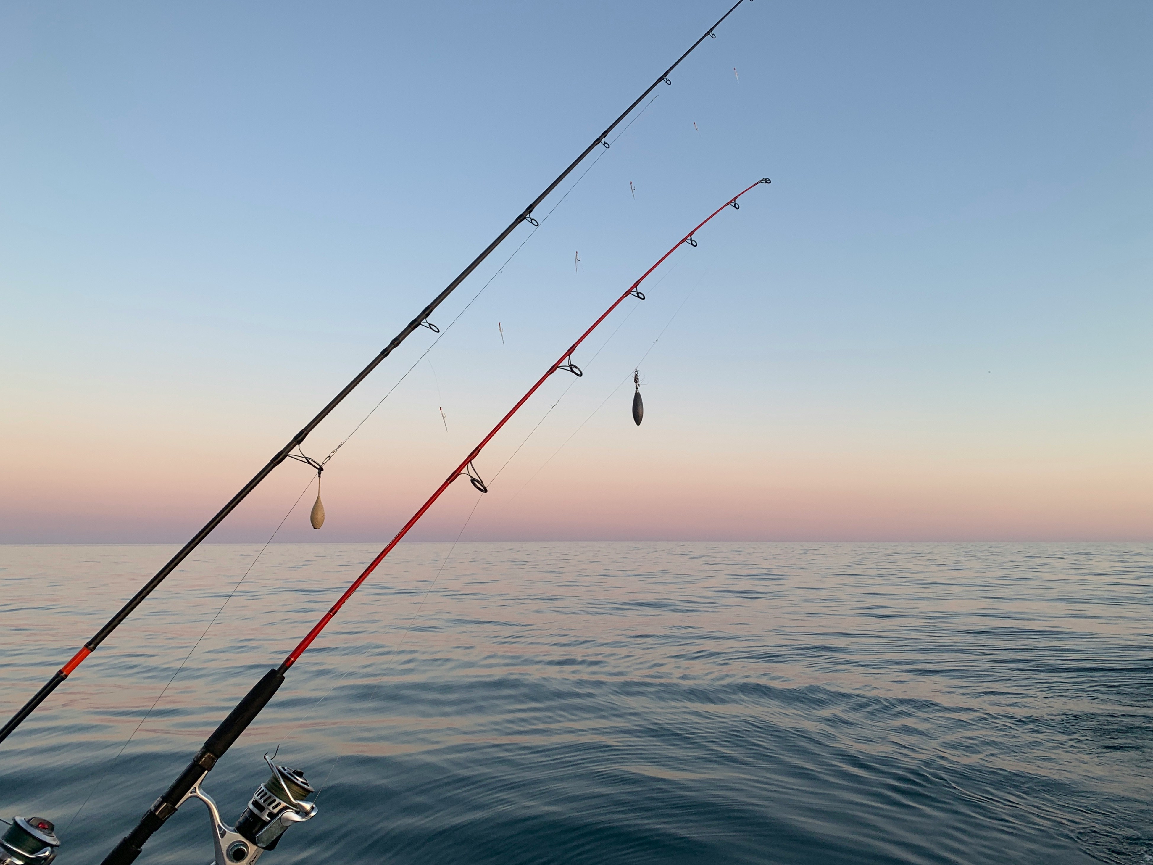 Two fishing poles extend off the back of a boat as the sun rises in the background. 