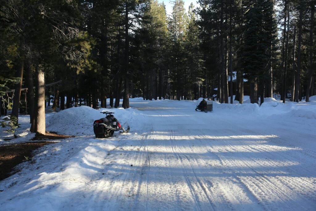 A snowmobile rides through a shadowy alpine forest, one of the many cool places to go snowmobiling in Colorado!