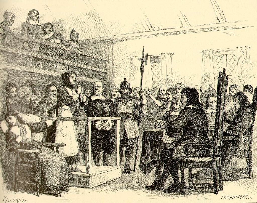 An artistic pencil drawing of a woman being questioned in a court of law. 