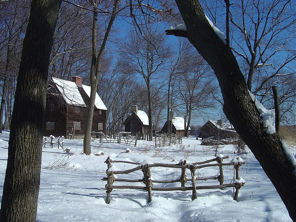 Wooden houses sit in a long row between tall trees. A wooden fence surrounds the property. Snow covers the ground. 